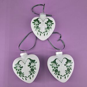 3 Glass Heart Hanging Ornaments Frosted White W/ Green Filigree Flowers